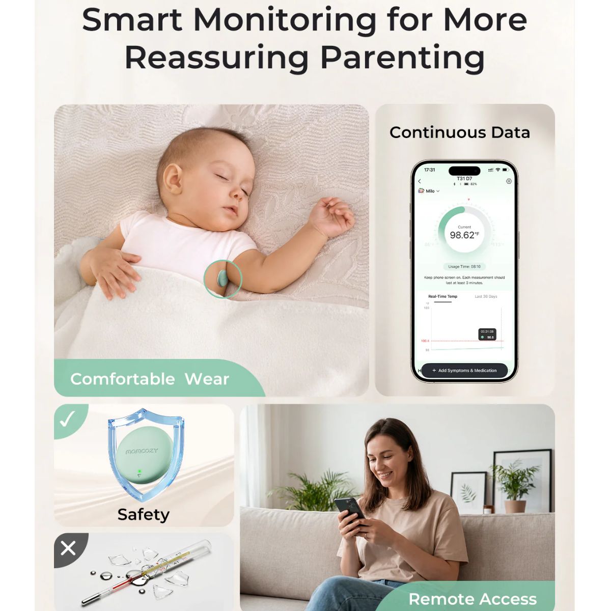 Momcozy Smart Digital Baby Thermometer with App - Continuous Real Time Monitoring